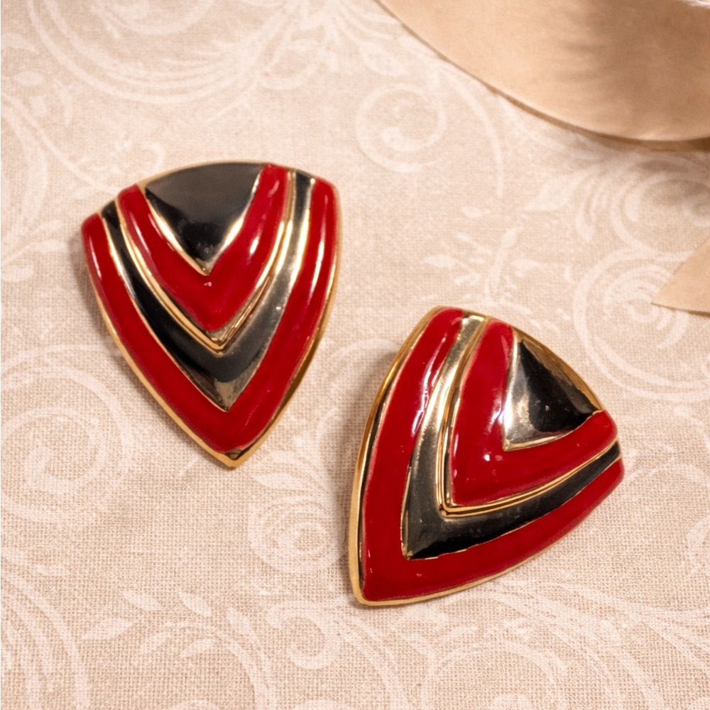 Vintage 80s Red Gold Tone Chevron Triangle Statement Earrings